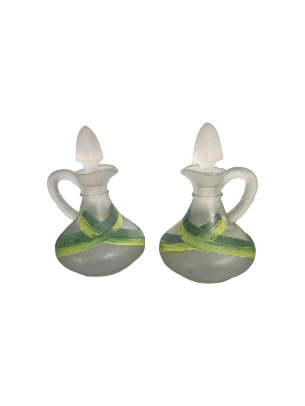 Vintage Oil and Vinegar Cruet Bottles with Stopper Hand Painted Set of 2 MCM